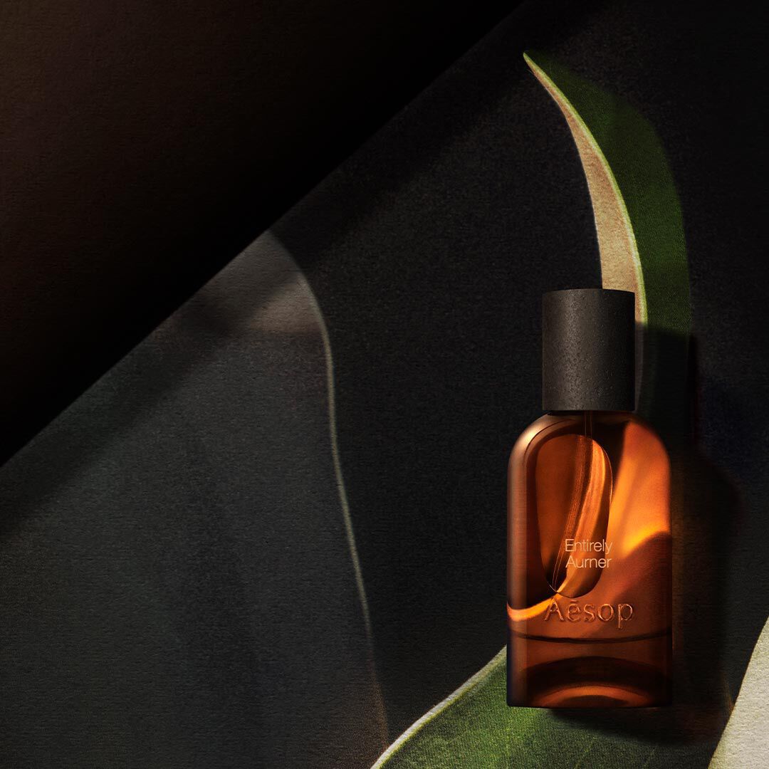 Single amber Aesop bottle lit by a warm glow, framed by curved leaf-like forms in dark green, cream and black tones.